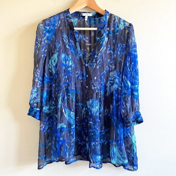 Joie Sheer 100% Silk Blue Watercolor Button Down Top Blouse 3/4 Sleeve‎ Size S - Picture 1 of 5